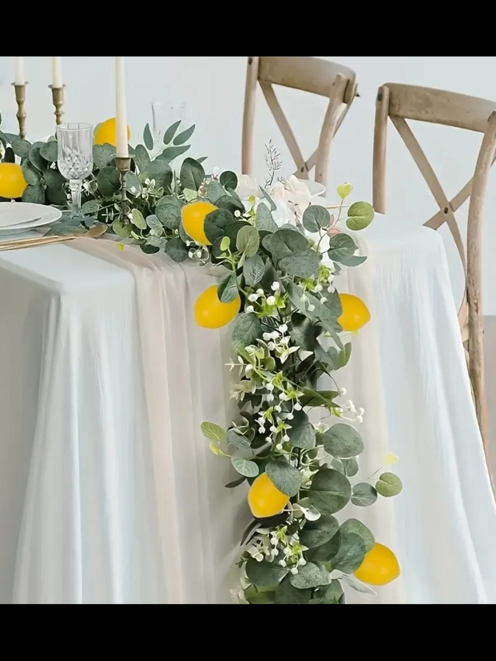 Eucalyptus Garland Table Runner with Yellow Lemon Accents